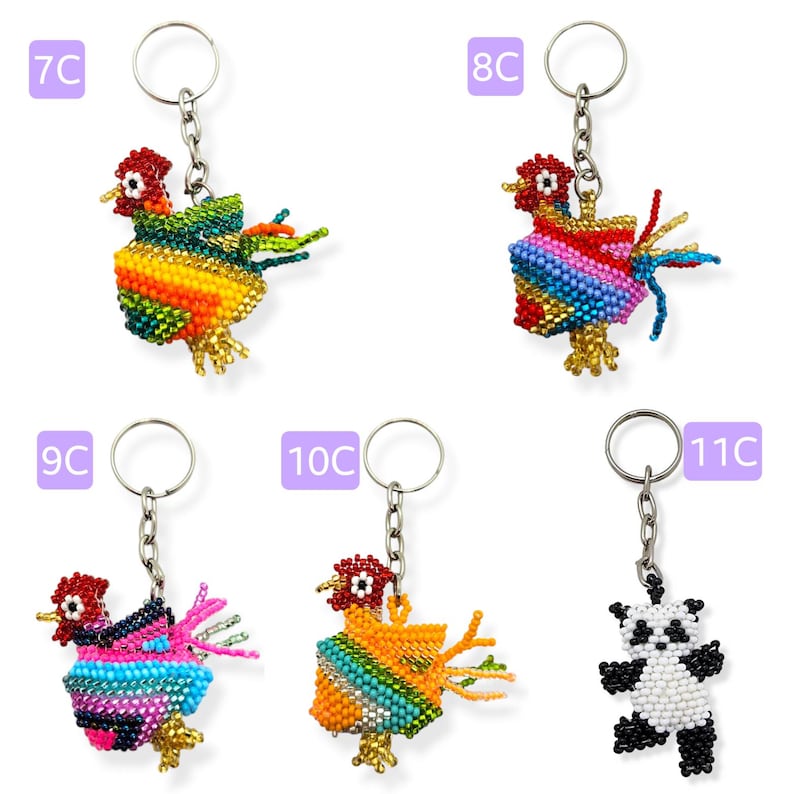 May include: Five colorful beaded keychains, including a panda bear and four roosters. The roosters are beaded in various colors, including red, yellow, blue, green, and orange. The keychains are labeled with numbers 7C, 8C, 9C, 10C, and 11C.