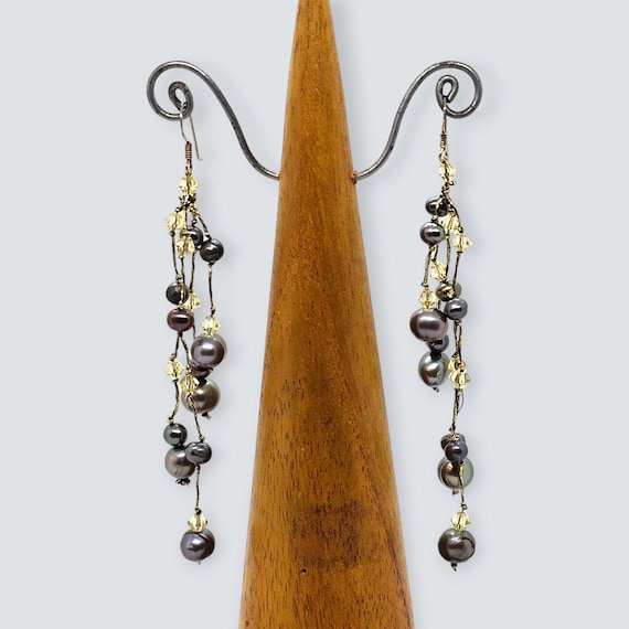 Long Cascade Coloured Freshwater Pearls Crystal Dangle Earrings