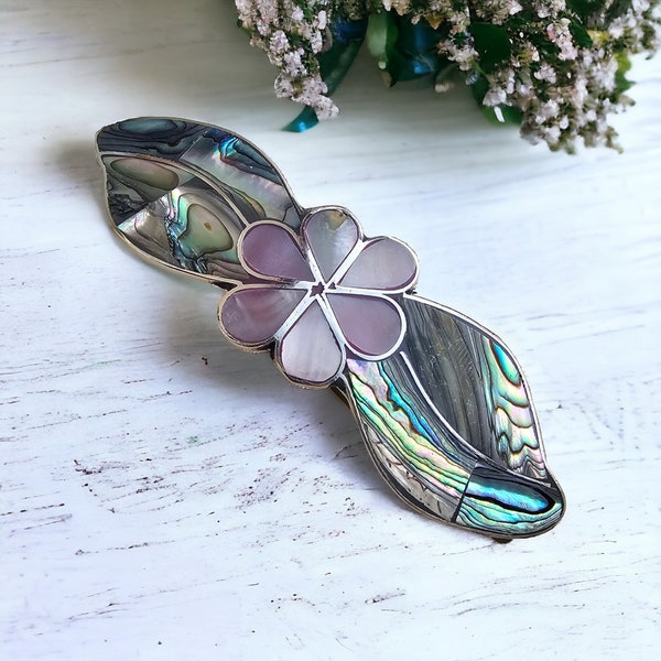 Abalone Shell Hair Clip, Flower Design, Mexican Hair Barrette, Reflective Mother of Pearl, Boho Chic Accessory, Shell Gift For Her