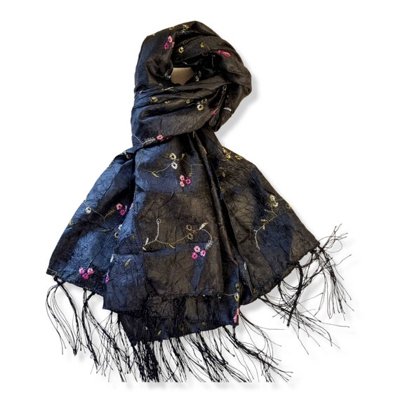 Black Multicolour Floral Scarf - Fringed Wrap - Scarf with Tassels - Bohemian Gift - Colorful Flowers - Silk Cotton Blend  Scarf