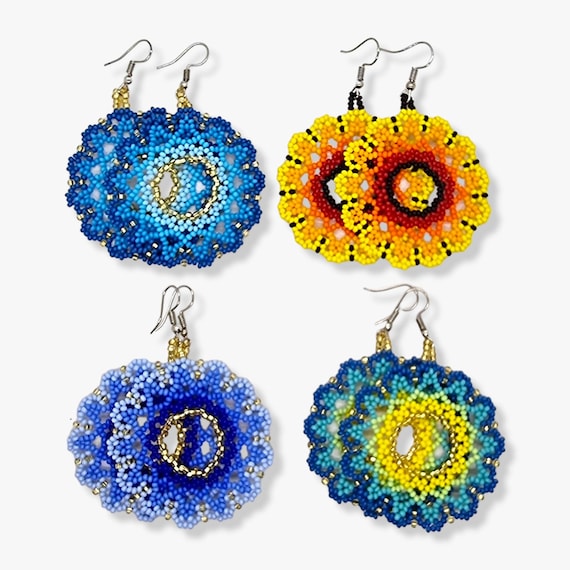 Huichol Beaded Earrings | Round Shape Dangles | Floral And Star Design | Ethnic Tribal Earrings | Handmade Jewellery Art |Boho Chic Earrings