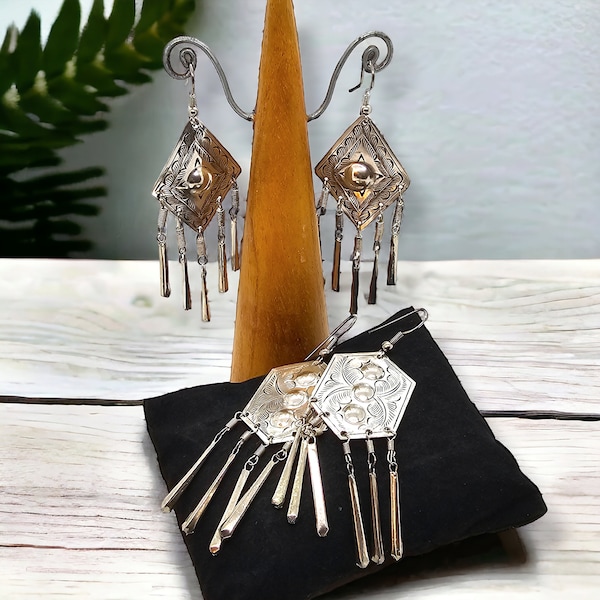 Thai Hill Tribe Earrings | Silver Plated | Heart, Cactus and Teardrop Design | Boho Dangle Earrings | Thai Jewelry | Bohemian Ethnic Jewelry