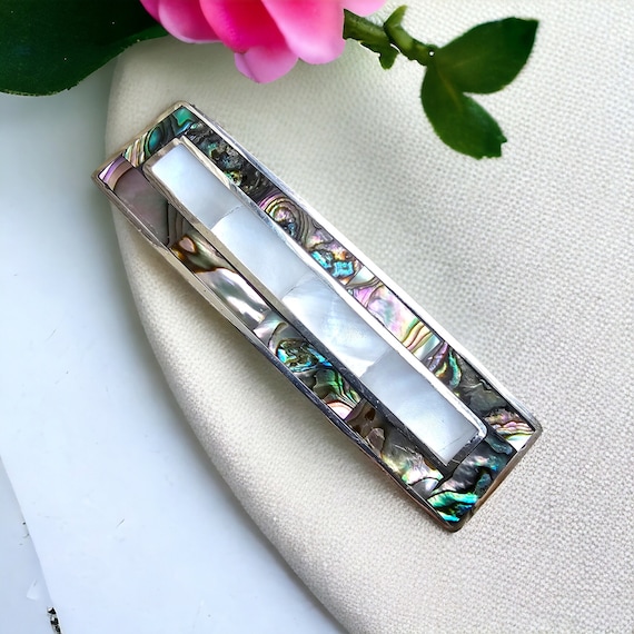 Handcrafted Mother of Pearl Rectangle Hair Barrette with Abalone Shell Accent