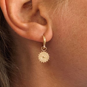 Gold plated round sun pendant earrings / Dangle earrings / Sleeper earrings