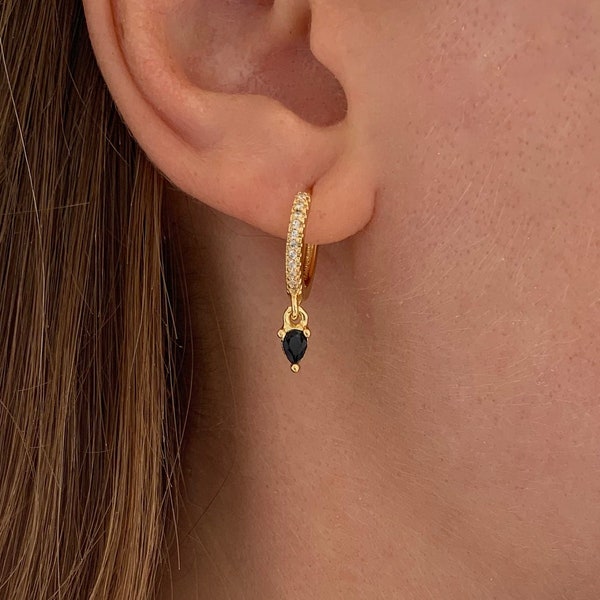 Boucles d'oreilles acier inoxydable mini créoles pendantes gouttes noires / Dormeuses pierre