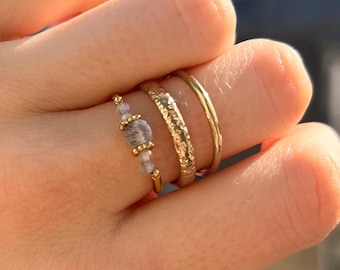 Women's stainless steel ring with natural labradorite stone / adjustable triple row ring in gold with grey stone