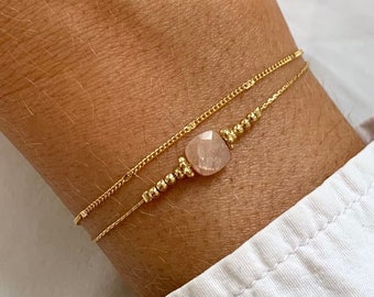Stainless steel bracelet with natural rose quartz stone / Double-strand bracelet with fine chain and square bead