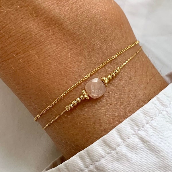 Bracelet acier inoxydable pierre naturelle quartz rose / Bracelet double rang chaine fine perle carré