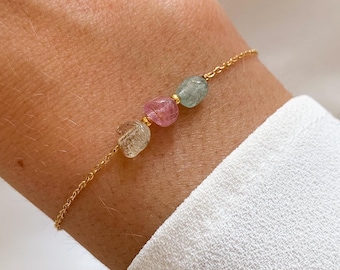 Fine bracelet with pink and green tourmaline stone / women's bracelet with pink and green blue beads