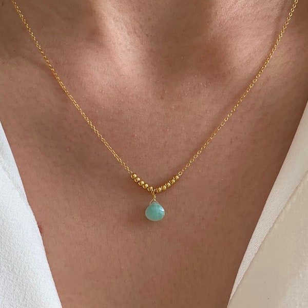 Fine stainless steel chain necklace with Amazonite turquoise blue stone pendant / Women's necklace with fine natural stone drop chain