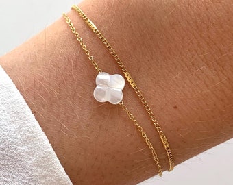 Mother-of-pearl clover bracelet / Double stainless steel bracelet