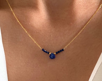 Collier acier inoxydable pendentif goutte pierre bleue Lapis Lazuli / Collier femme minimaliste chaine