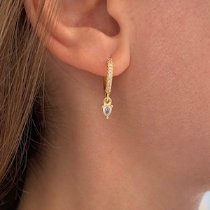 Stainless steel mini hoop earrings with brilliant drop pendant / Stone sleepers