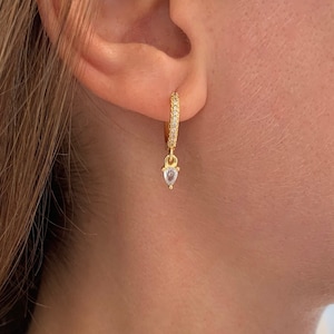 Stainless steel mini hoop earrings dangling brilliant drop / Stone sleepers