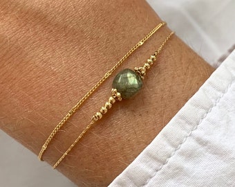 Stainless steel bracelet with natural labradorite stone / Double-strand bracelet with fine chain and grey square bead