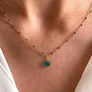 Stainless steel necklace with green Agate stone drop pendant / Minimalist women's chain necklace