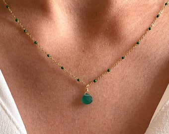 Stainless steel necklace with a green agate stone drop pendant / Minimalist women's chain necklace