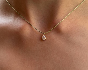 Stainless steel necklace adorned with a drop-shaped cubic zirconia / Women's delicate necklace in green cord