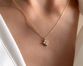 Stainless steel necklace with star pendant and cubic zirconia / Women's delicate pendant necklace