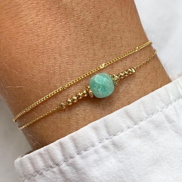 Bracelet acier inoxydable pierre naturelle amazonite / Bracelet double rang chaine fine perle carré bleu turquoise