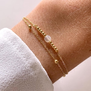 Women&#39;s double row bracelet with fine chain, natural Agate stone / Bracelet gilded with fine gold