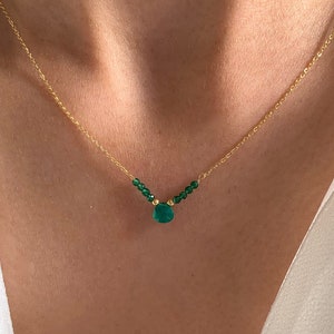 Stainless steel necklace with green Agate stone drop pendant / Minimalist women&#39;s chain necklace