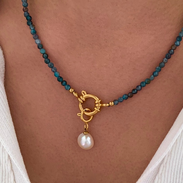 Collier pierre naturelle apatite bleu acier inoxydable  / Collier femme perles pendentif nacre