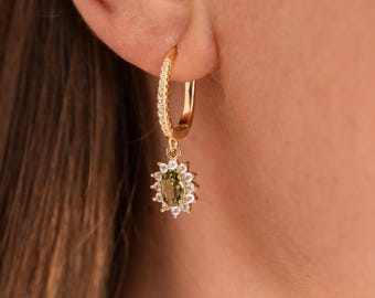 Classic stainless steel mini hoop earrings with oval green crystal and cubic zirconia stones