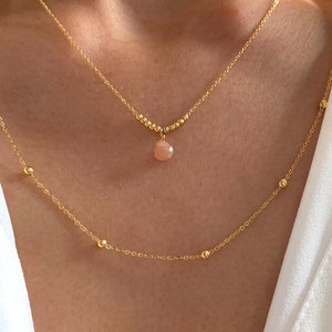 Double-strand delicate quartz necklace / Women's stainless steel necklace with ball chain and natural stone pendant