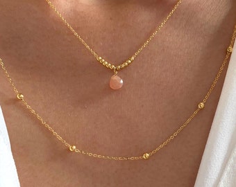 Double-strand delicate quartz necklace / Women's stainless steel necklace with ball chain and natural stone pendant