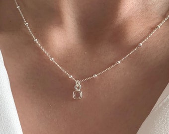 925 Silver necklace with transparent stone square pendant / Women's thin necklace with ball chain
