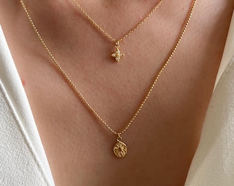 Stainless steel necklace with star pendant and medallion, thin chain / Women's necklace with thin double chain