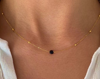 Fine black onyx stone pendant necklace / Minimalist women&#39;s necklace with fine stainless steel chain / Women&#39;s gift