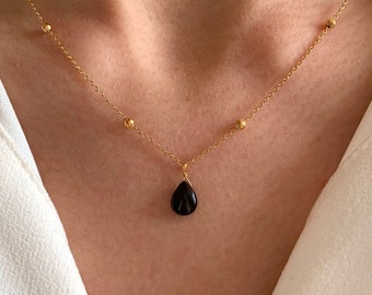 Fine black stone pendant necklace / Minimalist women's necklace with stainless steel chain