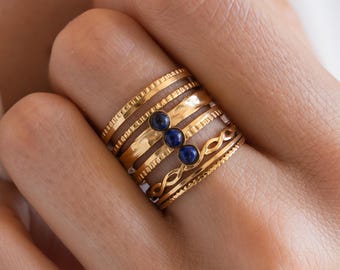 Women's stainless steel ring with natural lapis lazuli stone / adjustable multi-strand ring with gold-tone and dark blue stone