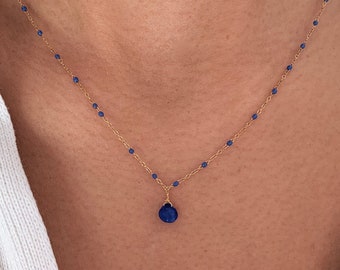 Stainless steel necklace with Lapis Lazuli stone pendant / Minimalist women's chain necklace