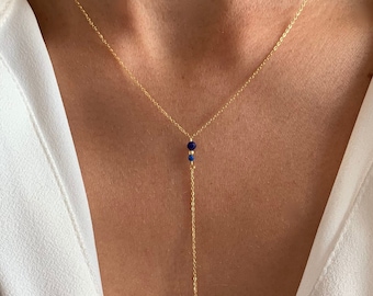Long women's necklace in stainless steel lapis lazuli beads / Y-shaped lasso necklace with minimalist fine chain dark blue beads