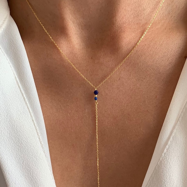 Collier femme long en acier inoxydable perles lapis lazuli / Collier en Y lasso chaine fine minimaliste perles bleu foncé