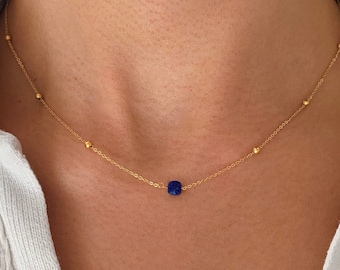 Collier fin pendentif pierre Lapis Lazuli / Collier femme minimaliste chaine fine acier inoxydable / Cadeau femme