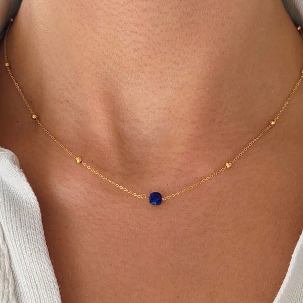 Collier fin pendentif pierre Lapis Lazuli / Collier femme minimaliste chaine fine acier inoxydable / Cadeau femme