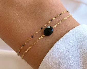 Women's double-strand bracelet with fine chain and black onyx stone / Stainless steel bracelet