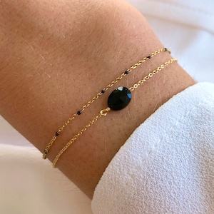 Double row women's bracelet with fine black onyx stone chain / Stainless steel bracelet