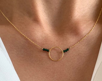 Stainless steel necklace round pendant green beads / Fine women's necklace with fine circle chain