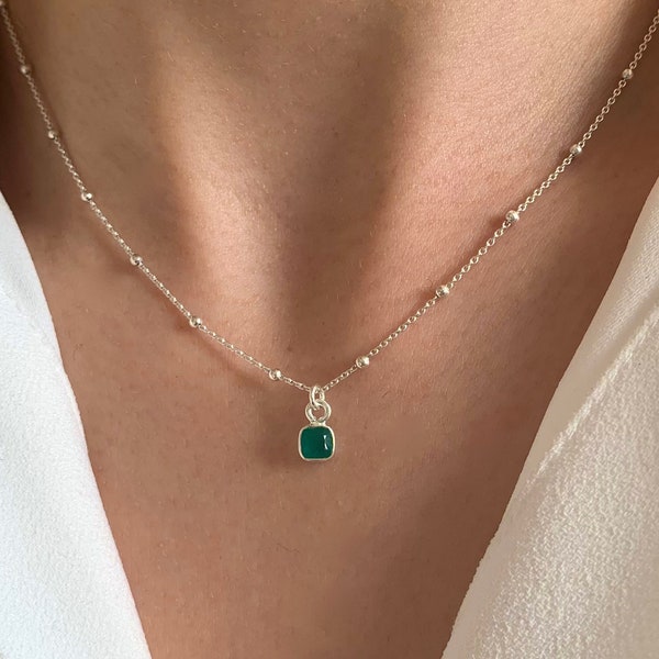 Collier Argent 925 pendentif carré pierre naturelle Agate verte / Collier fin femme chaine à billes