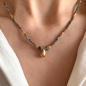 Natural stone necklace with African turquoise drop pendant / Women&#39;s necklace with pearls and stainless steel pendant