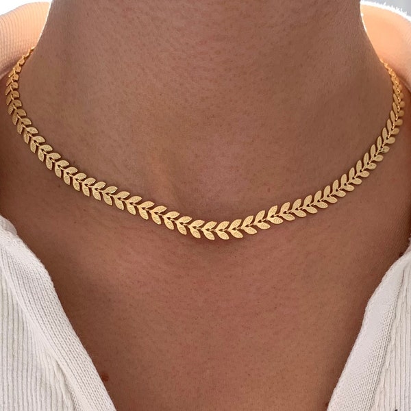 Goldfarbene Weizenkette als Choker / Lorbeerkette für Damen / Chevron-Kette für Damen