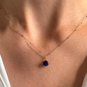 Stainless steel necklace with Lapis Lazuli stone pendant / Minimalist women&#39;s chain necklace