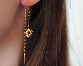 Boucles d'oreilles pendantes des deux cotés pendentif soleil / Boucles d'oreille chaine traversante acier inoxydable