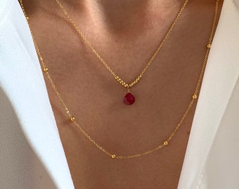 Collier fin double rang pierre naturelle rose fuchsia / Collier femme acier inoxydable chaine à billes acier pendentif goutte