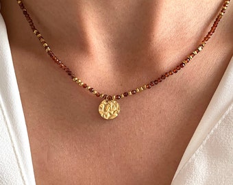 Collier pierre naturelle Grenat / Collier femme perles orange rouge pendentif rond acier inoxydable